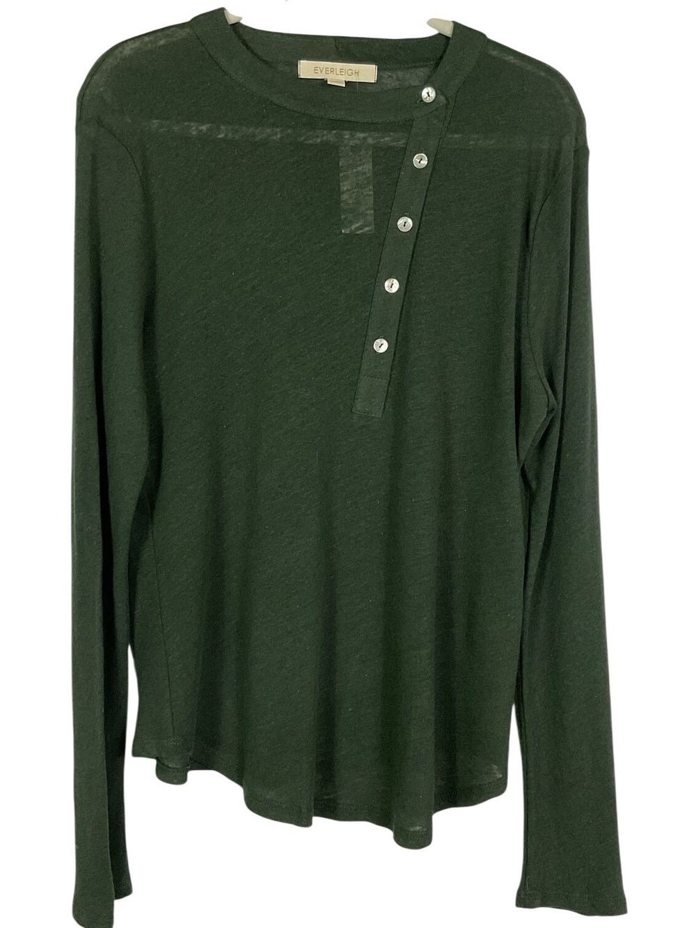 Anthropologie Everleigh Moss Green Linen Blend Asymmetric Henley Top Long Sleeve